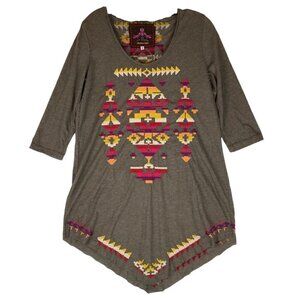 Johnny Was Embroidered Tunic or Dress Small Brown Knit 3/4 Sleeves Aztec Design